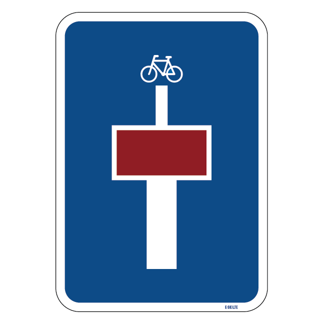E18,1,1 - Blind vej, med angivelse af, at vejen fortsætter i en sti til cyklister skilt