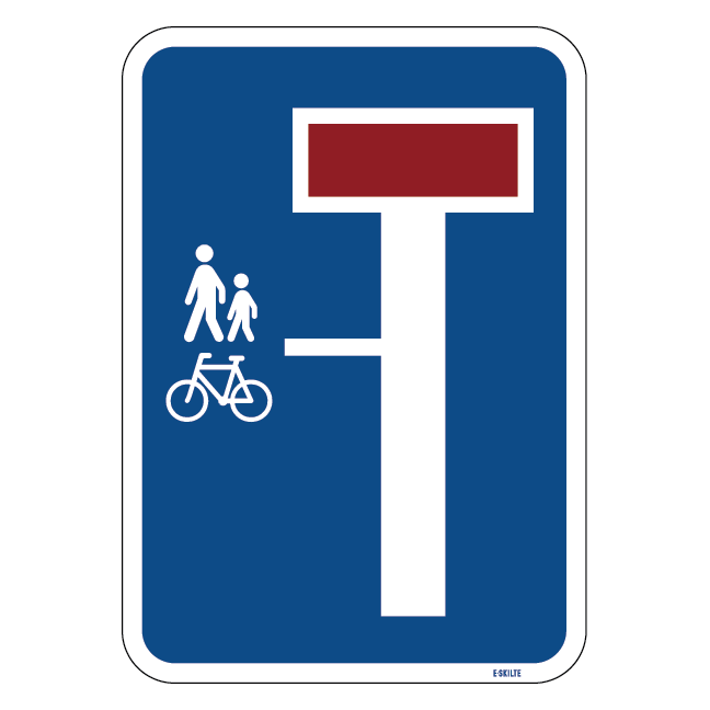 E18,1,3 - Blind vej, med angivelse af, at vejen fortsætter i en sti til cyklister mod venstre skilt