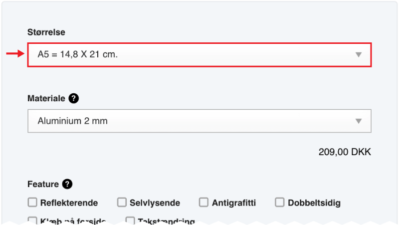 Trin 1 - Vælg størrelsen