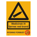 Medicinsk ilt fjernes ved brand+Rygning forbudt. Advarselsskilt