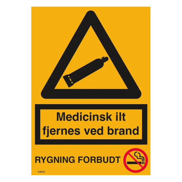 Medicinsk ilt fjernes ved brand+Rygning forbudt. Advarselsskilt