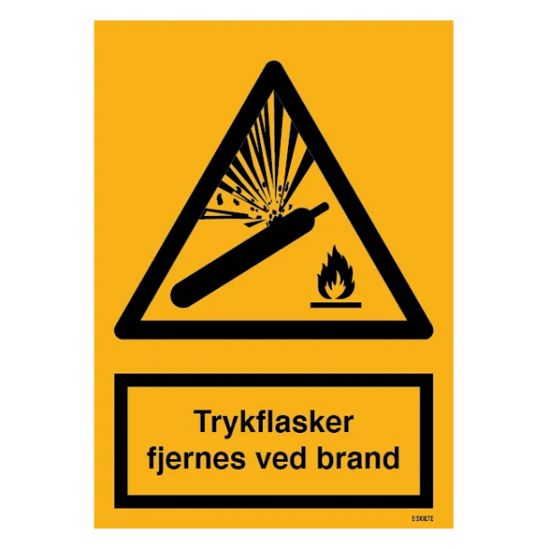 Trykflasker fjernes ved brand. Advarselsskilt