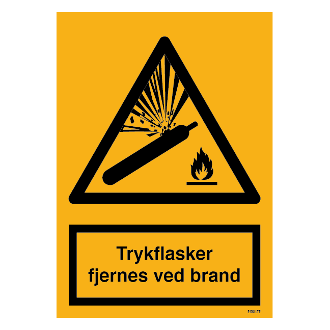 Trykflasker fjernes ved brand. Advarselsskilt