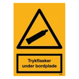 Trykflasker under bordplade. Advarselsskilt