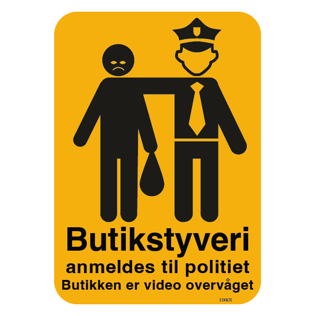 Butikstyveri anmeldes til politiet Butikken er video overvåget (gul) skilt