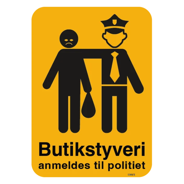 Butikstyveri anmeldes til politiet gult skilt