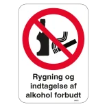 Rygning og indtagelse af alkohol forbudt. Forbudsskilt