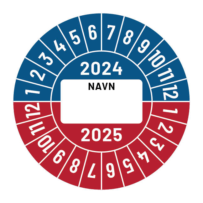 Kalibreringsmærker for 2024-2025 i blå og rød med navn, Selvklæbende, Ø30mm