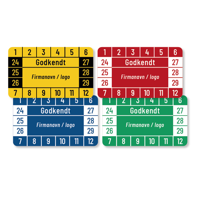 Kalibreringsmærker med 'Godkendt' i flere farver, Selvklæbende, 50x30mm