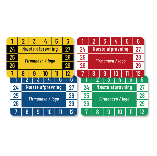Kalibreringsmærker med 'Næste afprøvning' i flere farver, Selvklæbende, 50x30mm