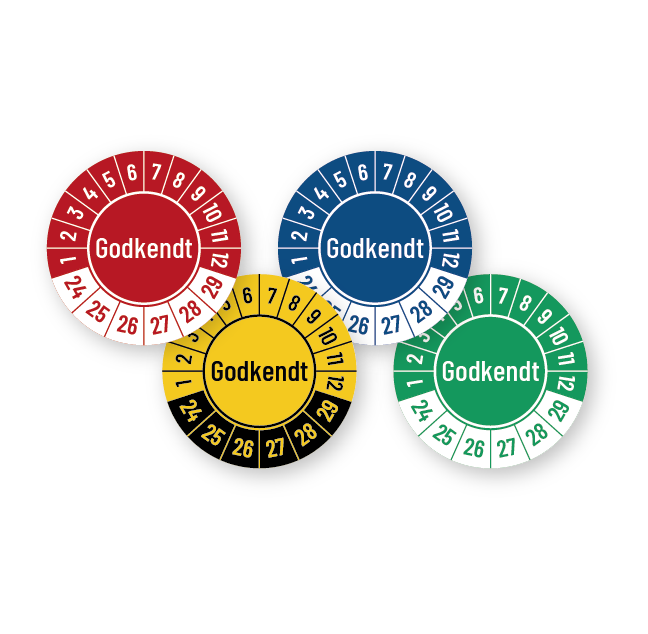 Kalibreringsmærker med 'Godkendt' i flere farver, Selvklæbende, Ø30mm