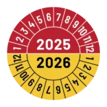 Kalibreringsmærker for 2025-2026 i rød og gul, Selvklæbende, Ø30mm