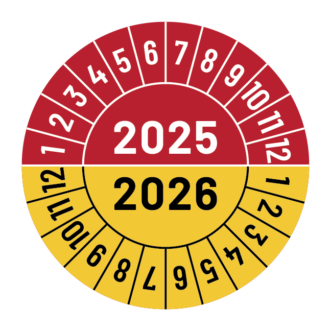 Kalibreringsmærker for 2025-2026 i rød og gul, Selvklæbende, Ø30mm
