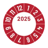 Kalibreringsmærker for 2025 i rød med logo, Selvklæbende, Ø30mm