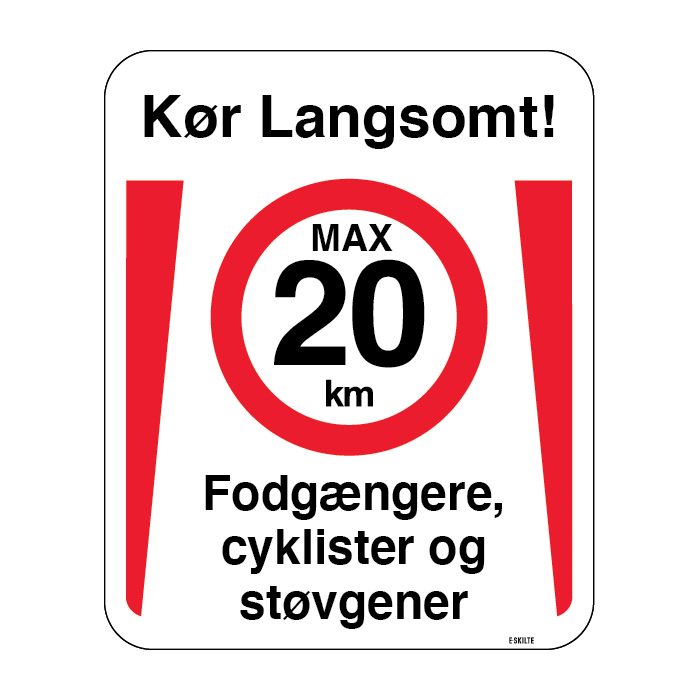 Fodgængere, cyklister og støvgener. Fartdæmpendeskilt