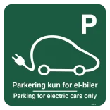 Parkering kun for el-biler Parking for electric cars only Grøn. Parkeringsskilt