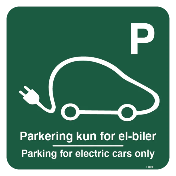 Parkering kun for el-biler Parking for electric cars only Grøn. Parkeringsskilt