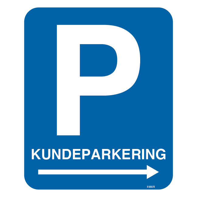 P kunde parkering, med pil. Skilt