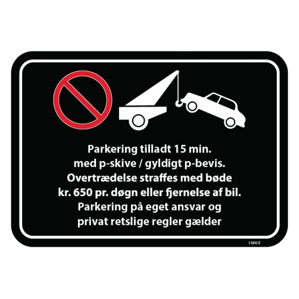 Gyldigt p-bevis. Overtrædelse straffes med bøde kr. 650 pr døgn eller fjernelse af bil. Parkering på eget ansvar og privat retslige regler gælder. Parkeringsskilt