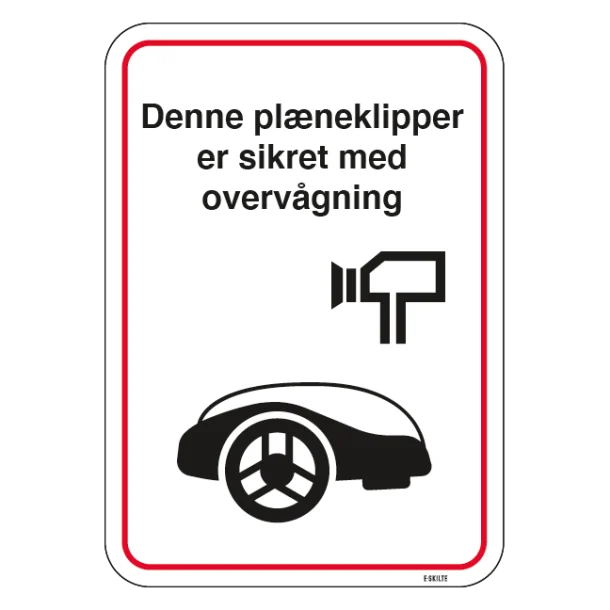 Denne plæneklipper er sikret med overvågning skilt