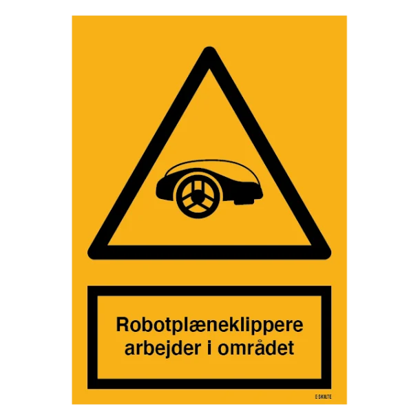 Robotplæneklippere arbejder i området skilt