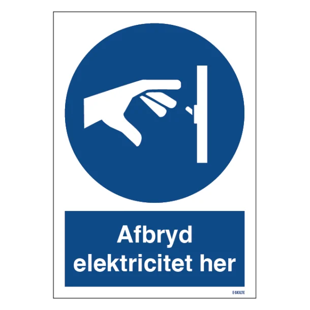 Afbryd elektricitet her skilt