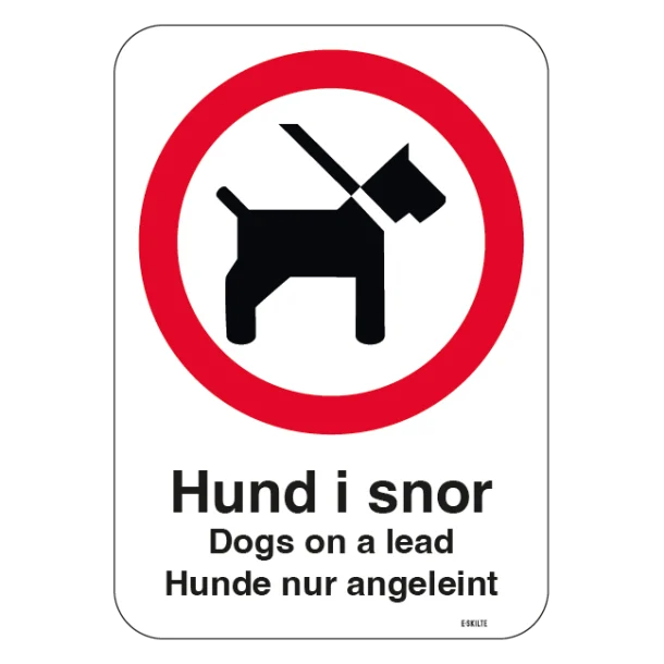 Hunde i snor Dogs on a lead Hunde nur angeleint hvidbund. Hundeskilt.