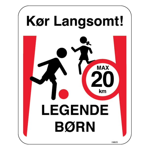 Kør langsomt legende børn max 20 km. skilt