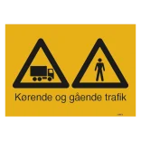 Gående og kørende lastbil trafik. Skilt