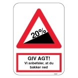 Stigning Giv agt! Vi anbefaler du bakker ned. Trafikskilt