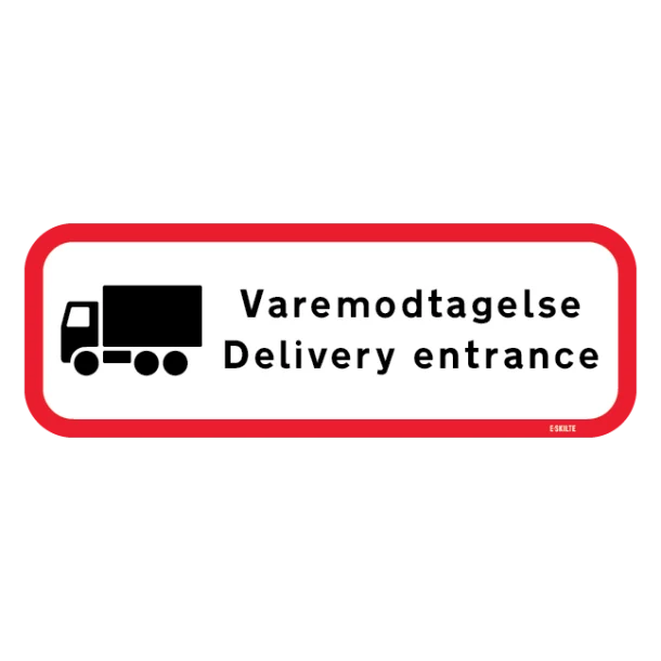 Varemodtagelse Delivery entrance til venstre. Varemodtagelseskilt