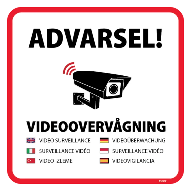 Advarsel! Videoovervågning 7 sprog skilt