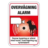 Overvågning Alarm Denne bygning er sikret med hund, overvågning og tyverialarm. skilt