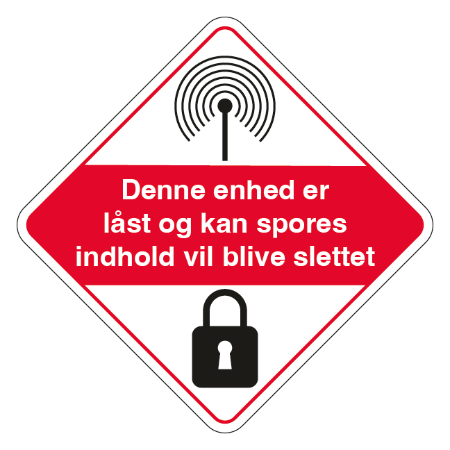 Denne enhed er låst og kan spores. Indhold vil blive slettet. Tyverisikringsskilt